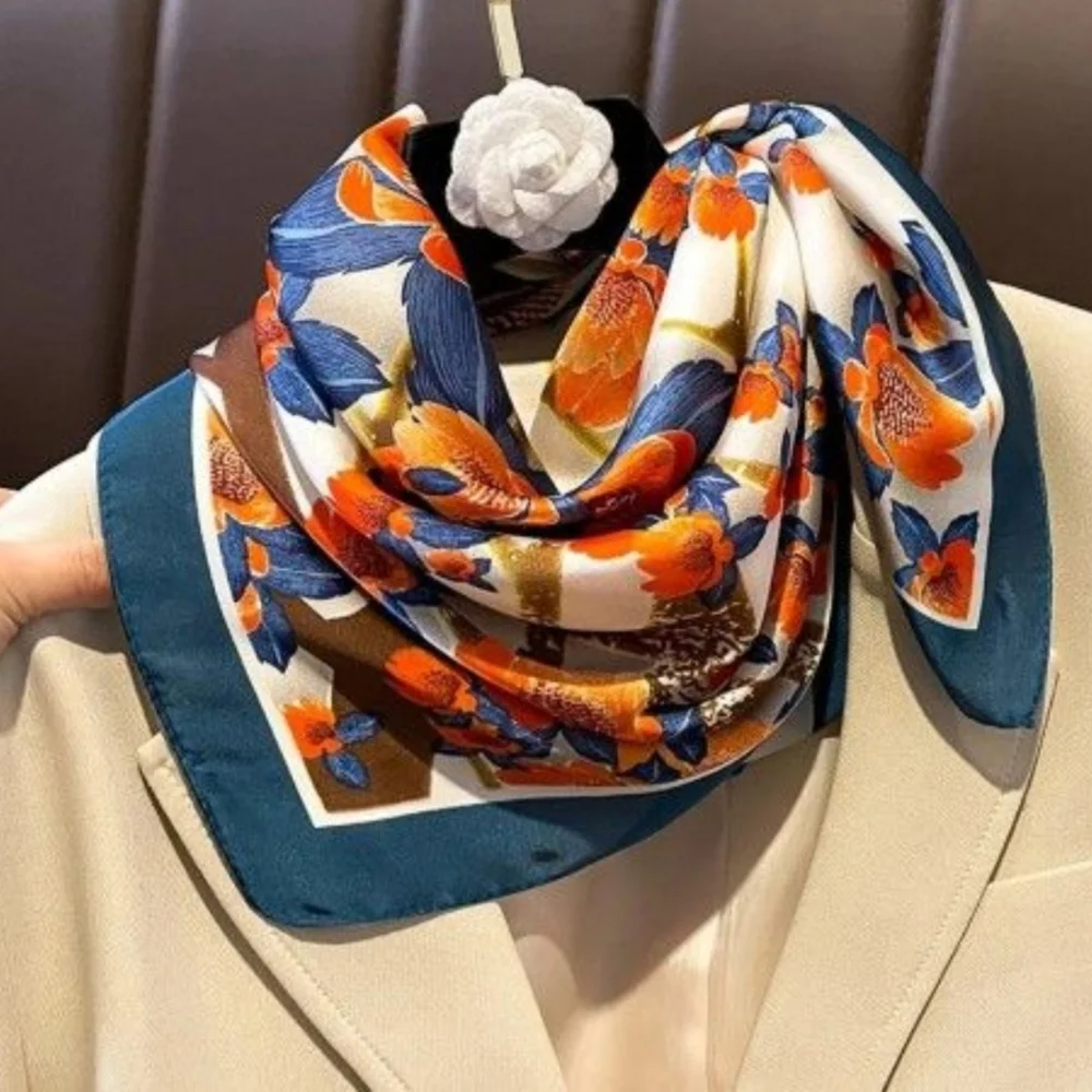 Floral Silk Scarf in Blue and Orange